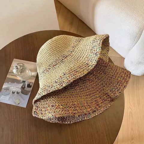 Women's Summer Straw Bucket Hat with Wide Brim and Rainbow Design XJ250329