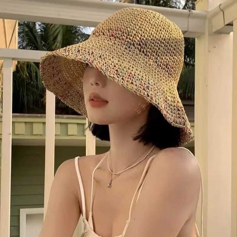 Women's Summer Straw Bucket Hat with Wide Brim and Rainbow Design XJ250329