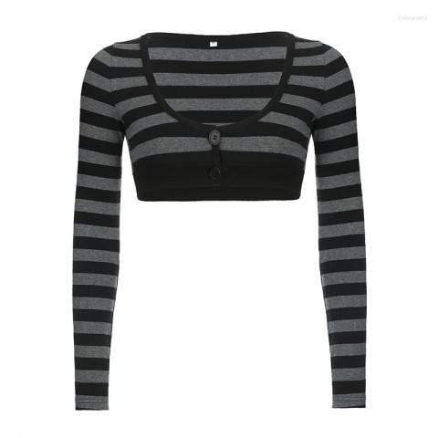 SUCHCUTE Women's Gothic Stripe Crop T-Shirt - Loose Fit Retro Tee