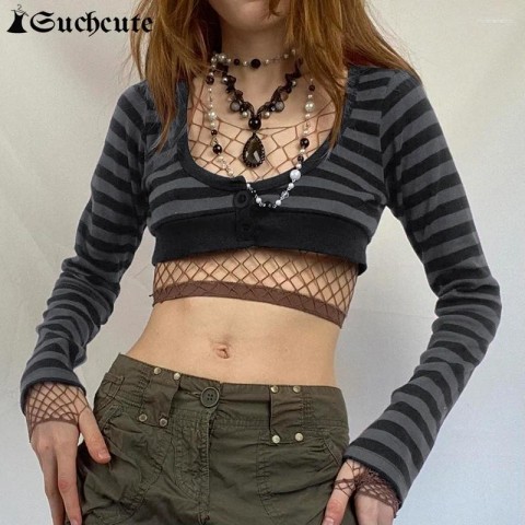 SUCHCUTE Women's Gothic Stripe Crop T-Shirt - Loose Fit Retro Tee