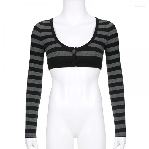 SUCHCUTE Women's Gothic Stripe Crop T-Shirt - Loose Fit Retro Tee