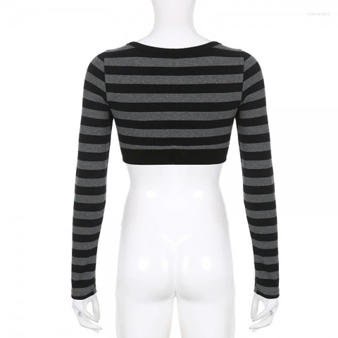 SUCHCUTE Women's Gothic Stripe Crop T-Shirt - Loose Fit Retro Tee