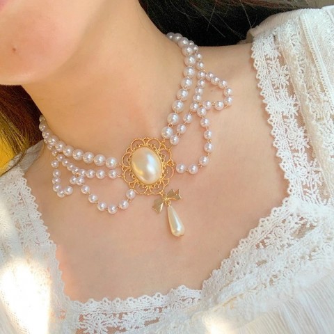 Chokers MENGJIQIAO Vintage 2-Layer Pearl Necklace with Bowknot Pendant for Women