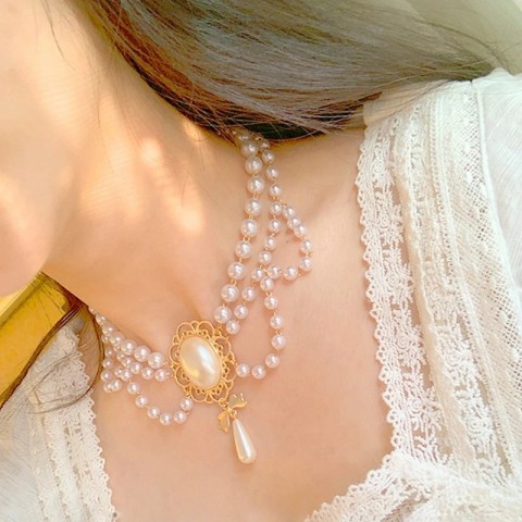 Chokers MENGJIQIAO Vintage 2-Layer Pearl Necklace with Bowknot Pendant for Women