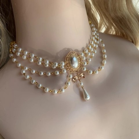 Chokers MENGJIQIAO Vintage 2-Layer Pearl Necklace with Bowknot Pendant for Women