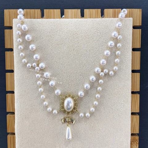 Chokers MENGJIQIAO Vintage 2-Layer Pearl Necklace with Bowknot Pendant for Women