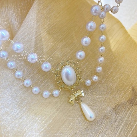 Chokers MENGJIQIAO Vintage 2-Layer Pearl Necklace with Bowknot Pendant for Women