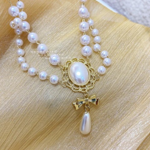 Chokers MENGJIQIAO Vintage 2-Layer Pearl Necklace with Bowknot Pendant for Women