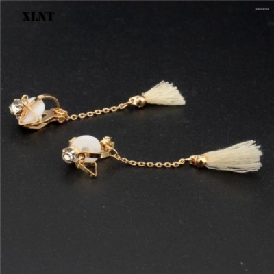 XLNT Bohemian Women's Tassel Earrings with Crystal and White Fabric Drops