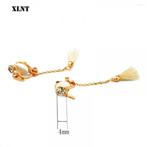 XLNT Bohemian Women's Tassel Earrings with Crystal and White Fabric Drops