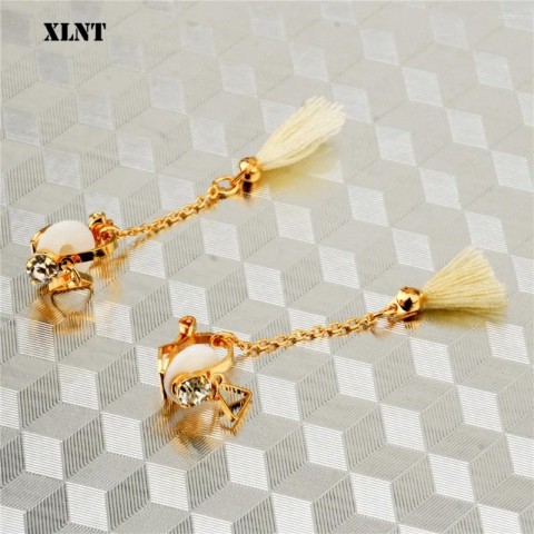 XLNT Bohemian Women's Tassel Earrings with Crystal and White Fabric Drops