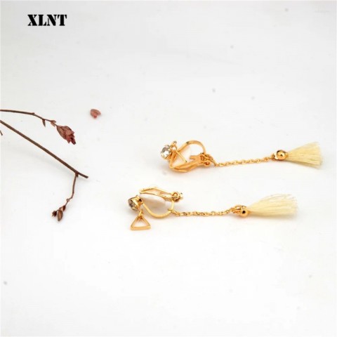 XLNT Bohemian Women's Tassel Earrings with Crystal and White Fabric Drops