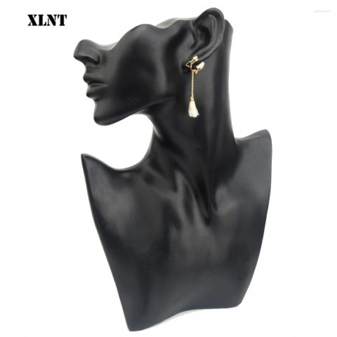 XLNT Bohemian Women's Tassel Earrings with Crystal and White Fabric Drops
